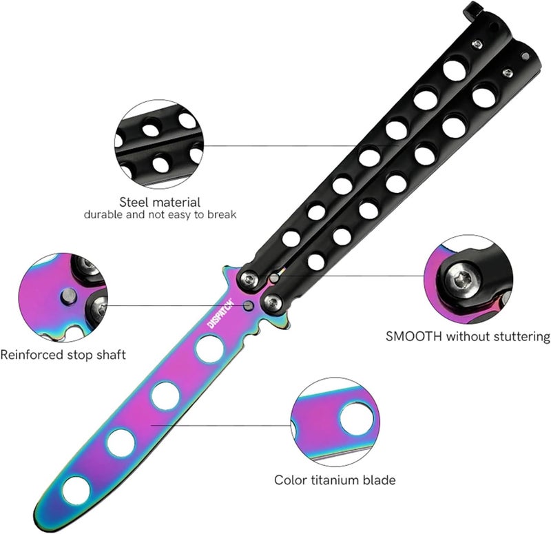 Dispatch Butterfly Knife Trainer | Unsharpened Balisong with Stainless Steel Blade, Black 3Cr13 Handle (Cutouts) & Safety Lock | EDC, Cosplay Flipping Tool - Image 4